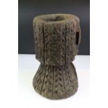 Ethnic Tribal Hardwood Mortar with handle to side, carved with a geometrical zig zag pattern, 34cm
