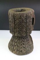 Ethnic Tribal Hardwood Mortar with handle to side, carved with a geometrical zig zag pattern, 34cm