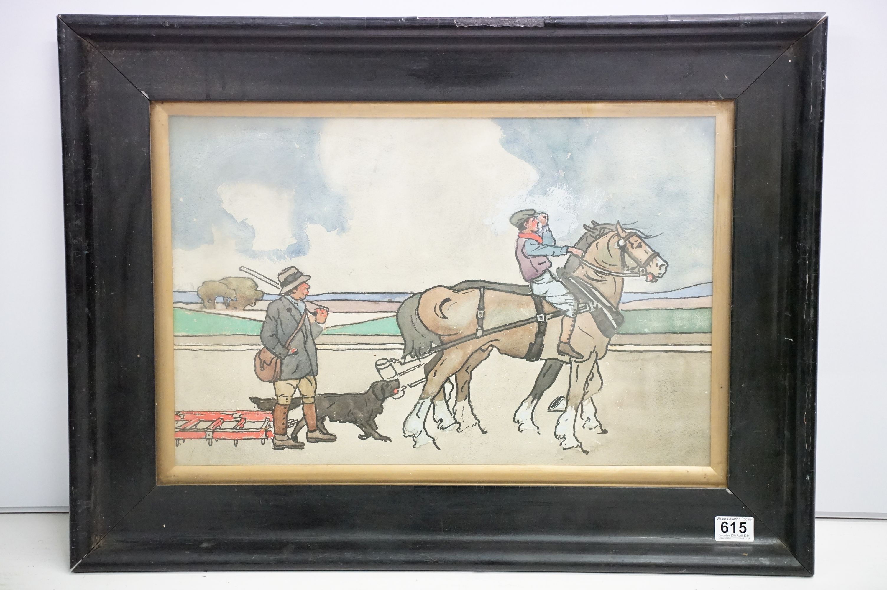 Early 20th C watercolour of a rural scene with man & horse ploughing, hunter with gun dog, 35.5cm