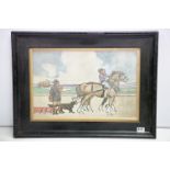 Early 20th C watercolour of a rural scene with man & horse ploughing, hunter with gun dog, 35.5cm