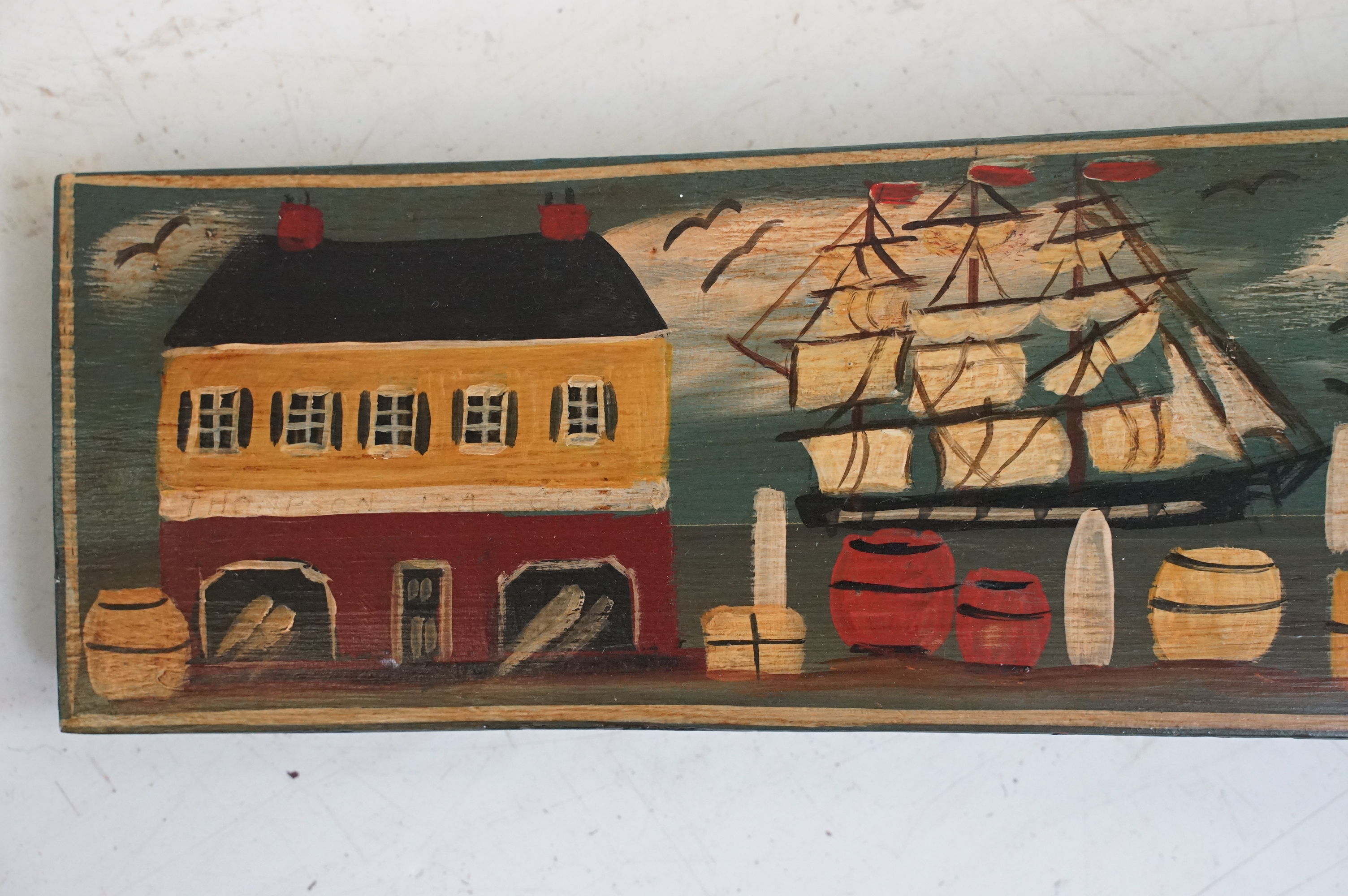 20th Century naïve painted barrel plank decorated with naval scenes. Measures 89cm wide. Together - Image 2 of 10