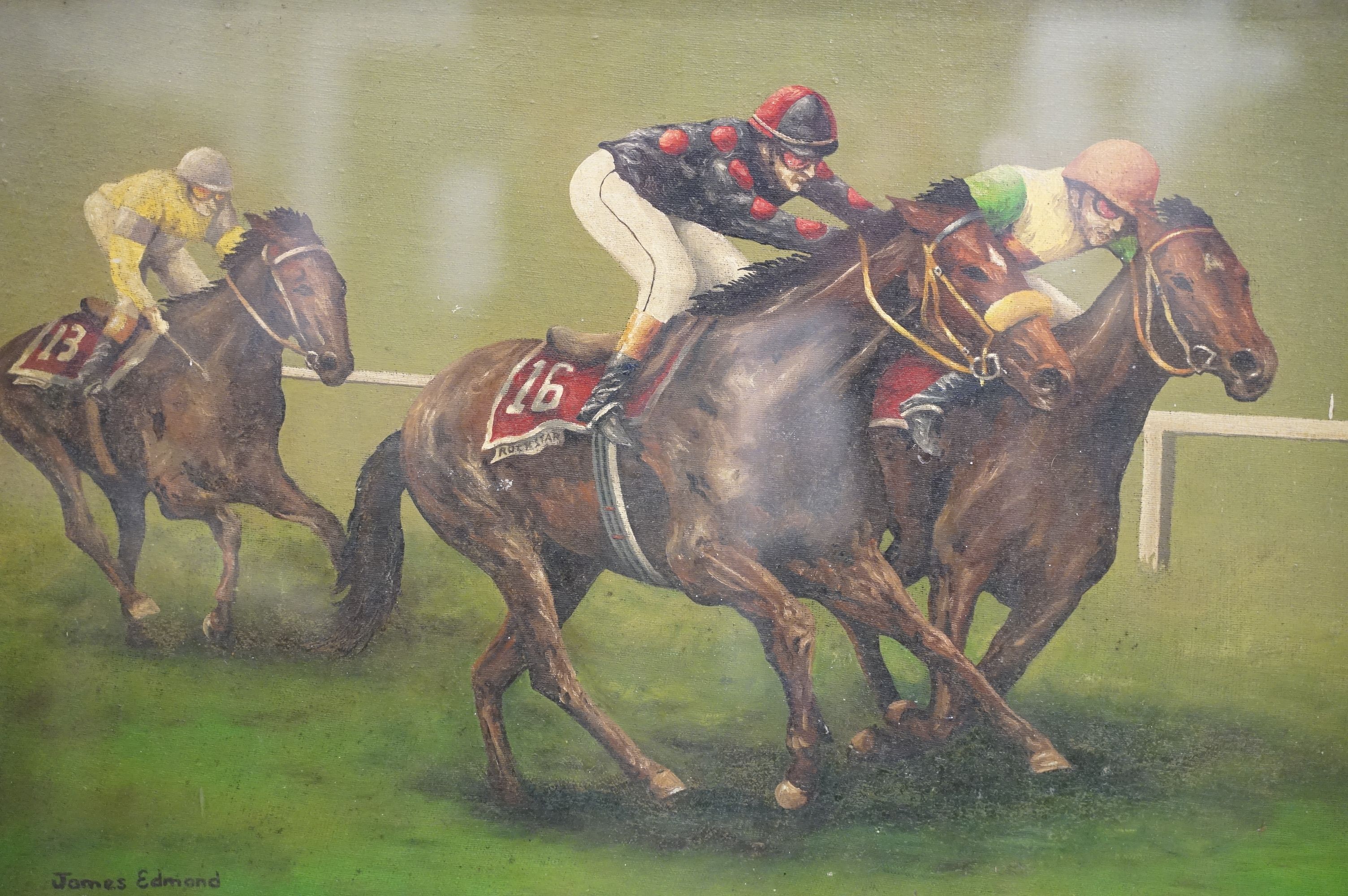 James Edmond, 'Pipped at the Post, Rock Star Wins the Guineas', oil on board, titled on label - Image 2 of 8