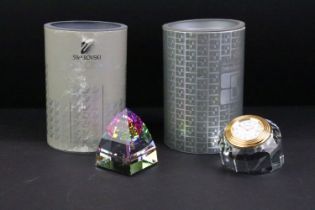 Boxed Swarovski Silver Crystal clock (approx 4.5cm high), together with a boxed Swarovski pyramid