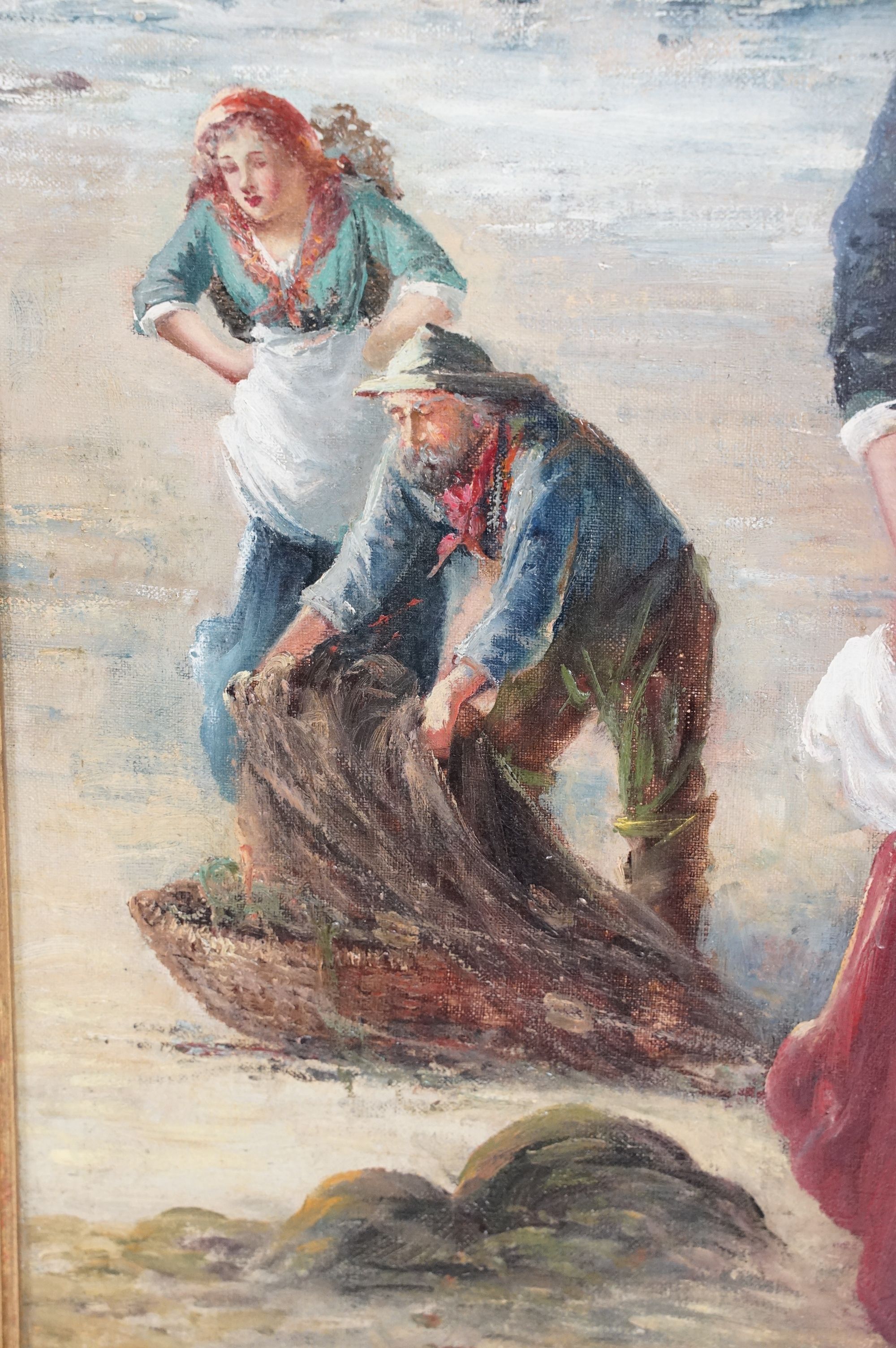 J. M. Colvin - Late 20th Century oil on canvas painting depicting a fisher woman on a coastal shore. - Image 3 of 9