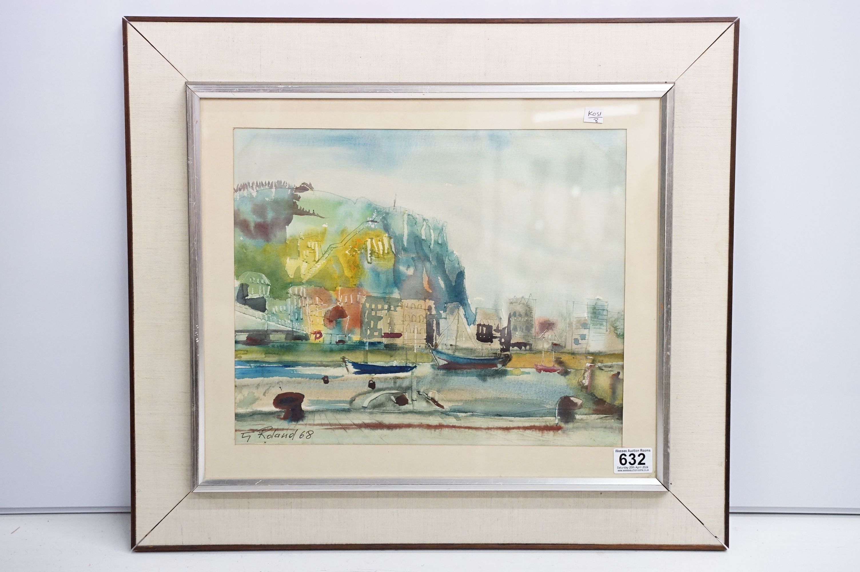 G Roland, harbour scene, watercolour, signed lower left and dated '68, 31 x 38cm, framed and glazed