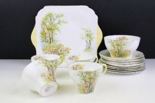 Shelley 'Daffodil Time' tea set, pattern 13370, to include 4 teacups & saucers, 4 tea plates,