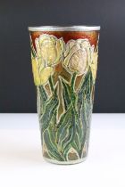 Violeta Markovic tapering glass vase with moulded & painted floral detail, makers label to base,