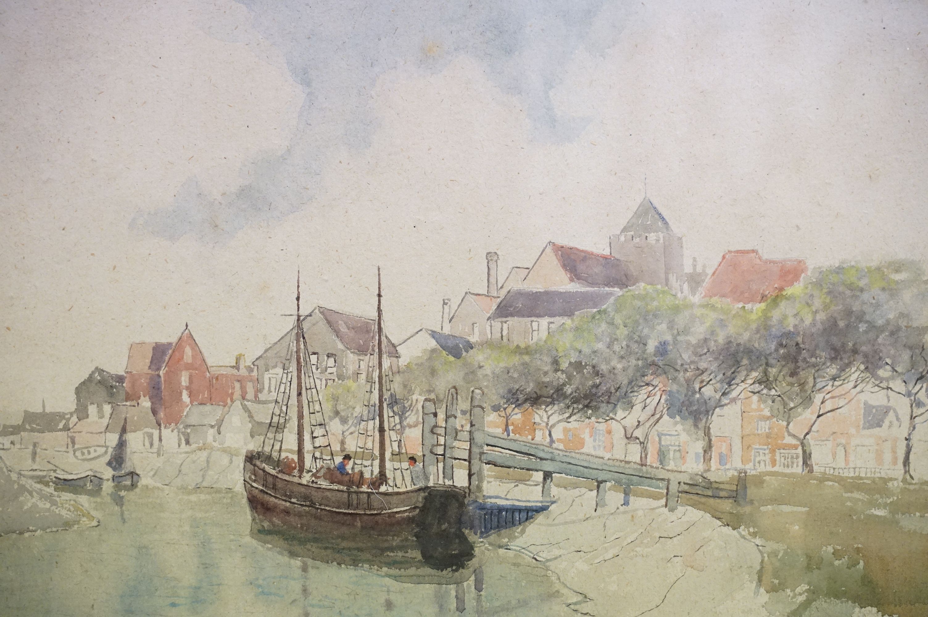 Early 20th C watercolour of an estuary town view with fishing boats, 37cm x 52.5cm - Image 2 of 6