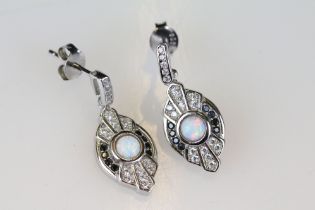 Pair of silver opal and sapphire drop earrings
