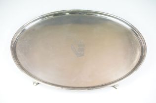 19th Century Old Sheffield silver plated oval tray raised on cabriole feet with engraved crest to