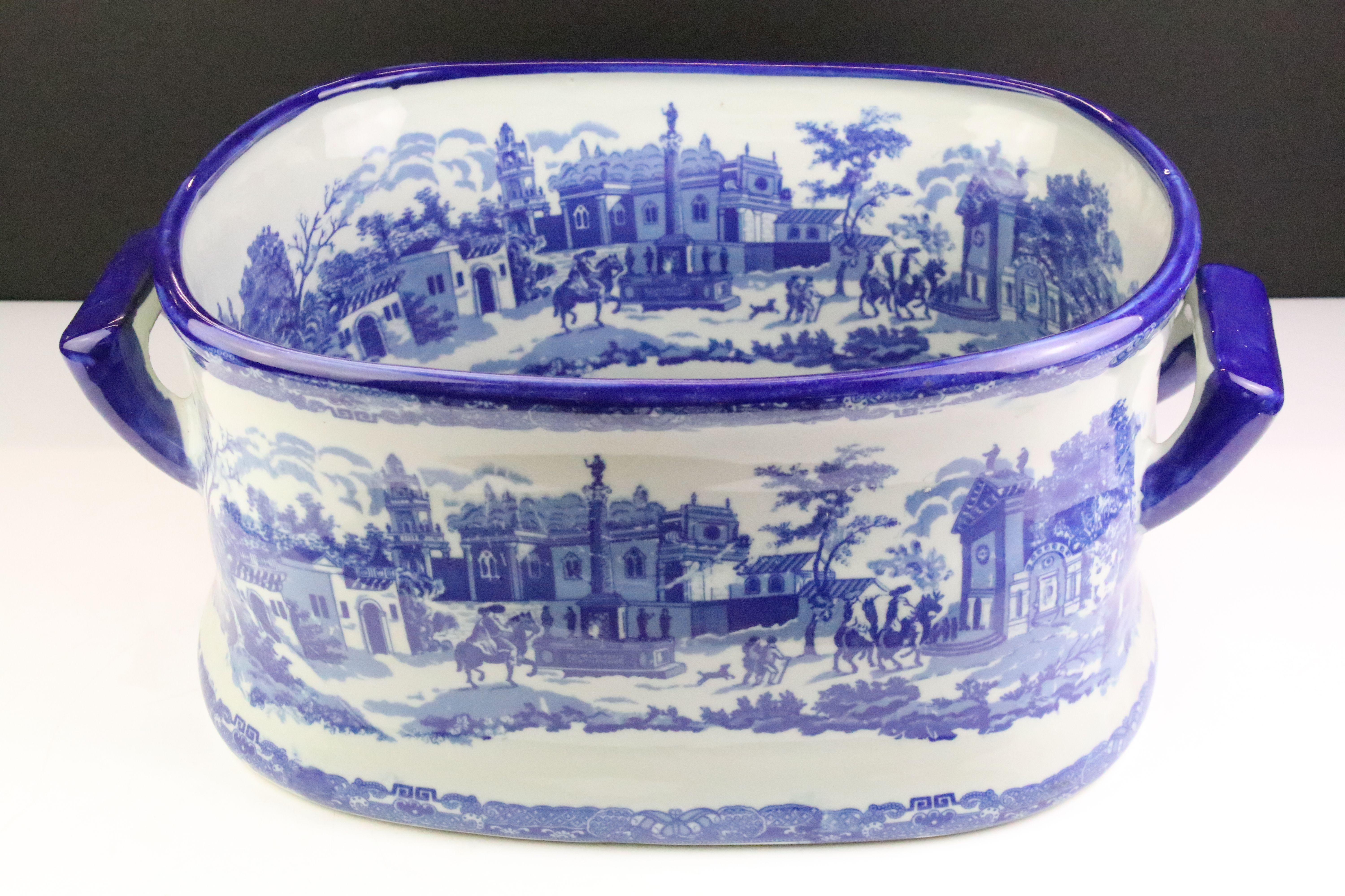 Large 19th century style Blue and White Ironstone Twin Handled Footbath, 47cm long x 21cm high
