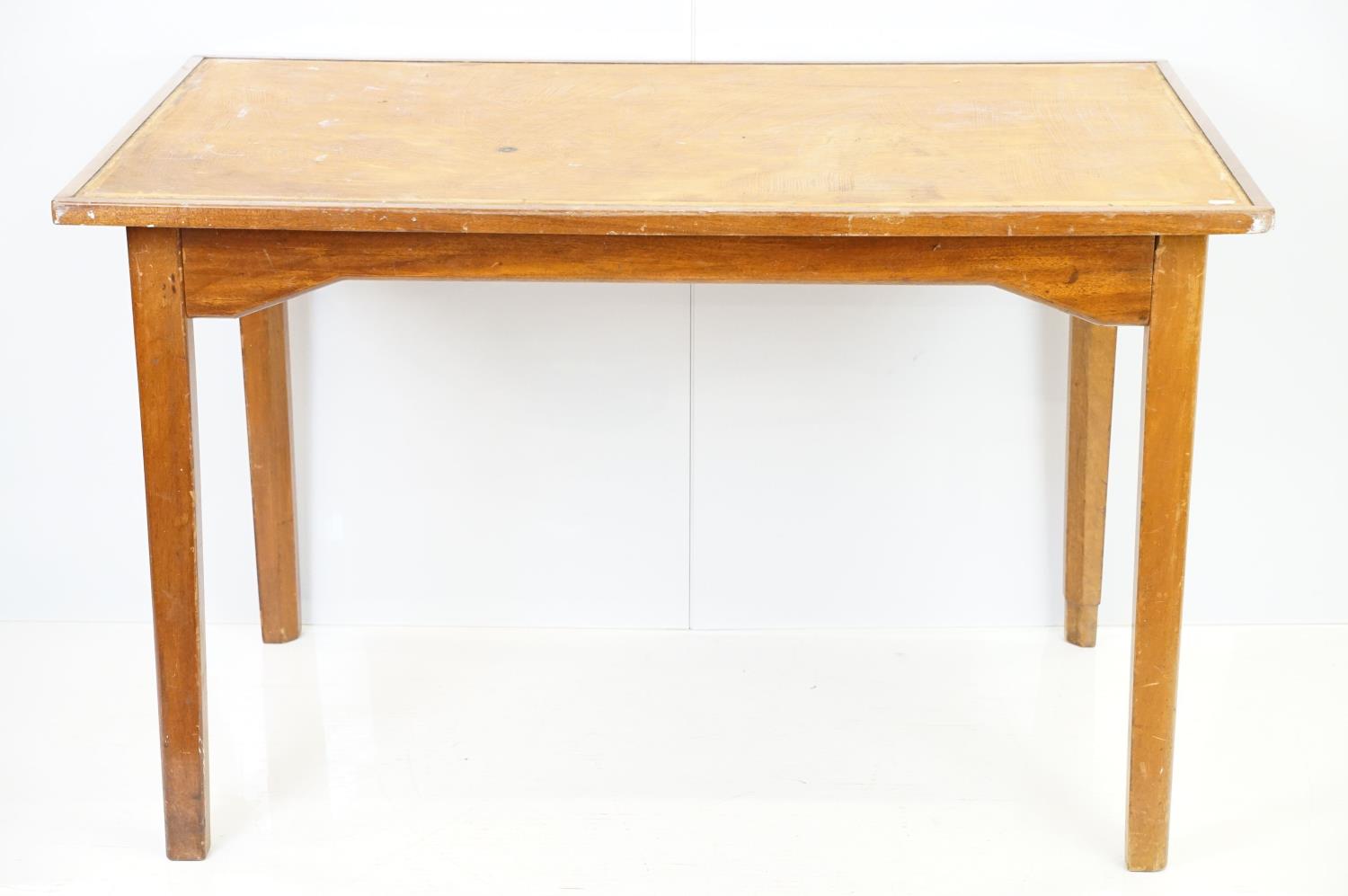 Mid century mahogany table on square tapering legs (lacking inset top), 76cm high x 121cm wide x