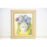 Margaret Lansdowne - 20th C fine studio framed oil painting still life of Fresias in a vase, 49cm