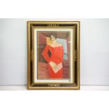 Gilt ebonised decorative framed oil painting portrait of a elegant Art Deco lady, 59cm x 39cm