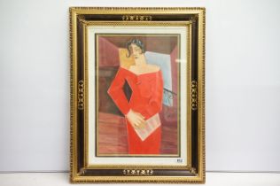 Gilt ebonised decorative framed oil painting portrait of a elegant Art Deco lady, 59cm x 39cm