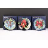 Three Moorcroft small shallow dishes, comprising: Satin Flower pattern, 12cm diameter, boxed,