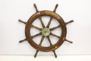 Early-to-mid 20th century mahogany & brass ships wheel with eight turned spokes, approx 86cm