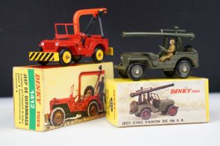 Boxed Dinky 1412 Jeep De Depannage diecast model in red with yellow hubs plus a boxed Dinky 829 Jeep