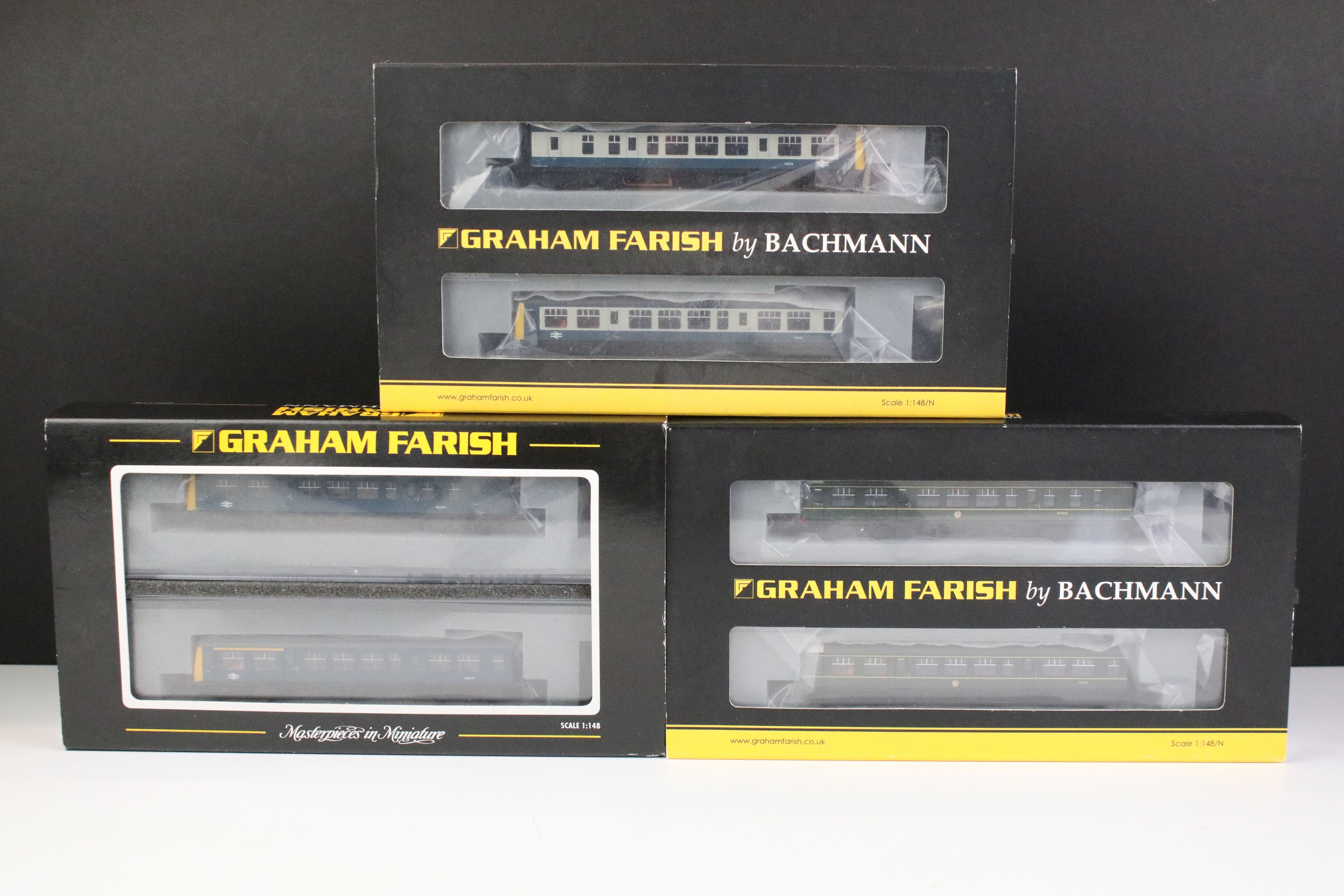 Three cased Graham Farish by Bachmann N gauge DMU sets to include 371-876 Class 108 DMU BR blue