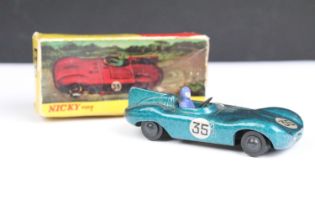 Boxed 238 Dinky Nicky Toys Jaguar D Type in green with racing No. 35 stickers to bonnet and on