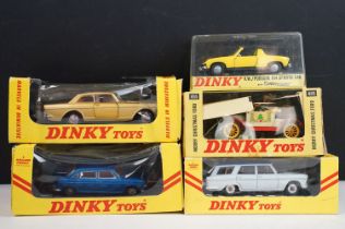 Five boxed / cased Dinky diecast models to include 208 VW Porsche 914 Sports Car in yellow, 485