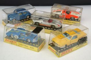 Five cased Dinky diecast models to include 132 Ford 40 RV, 1425 Matra 630, 161 Ford Mustang, 129
