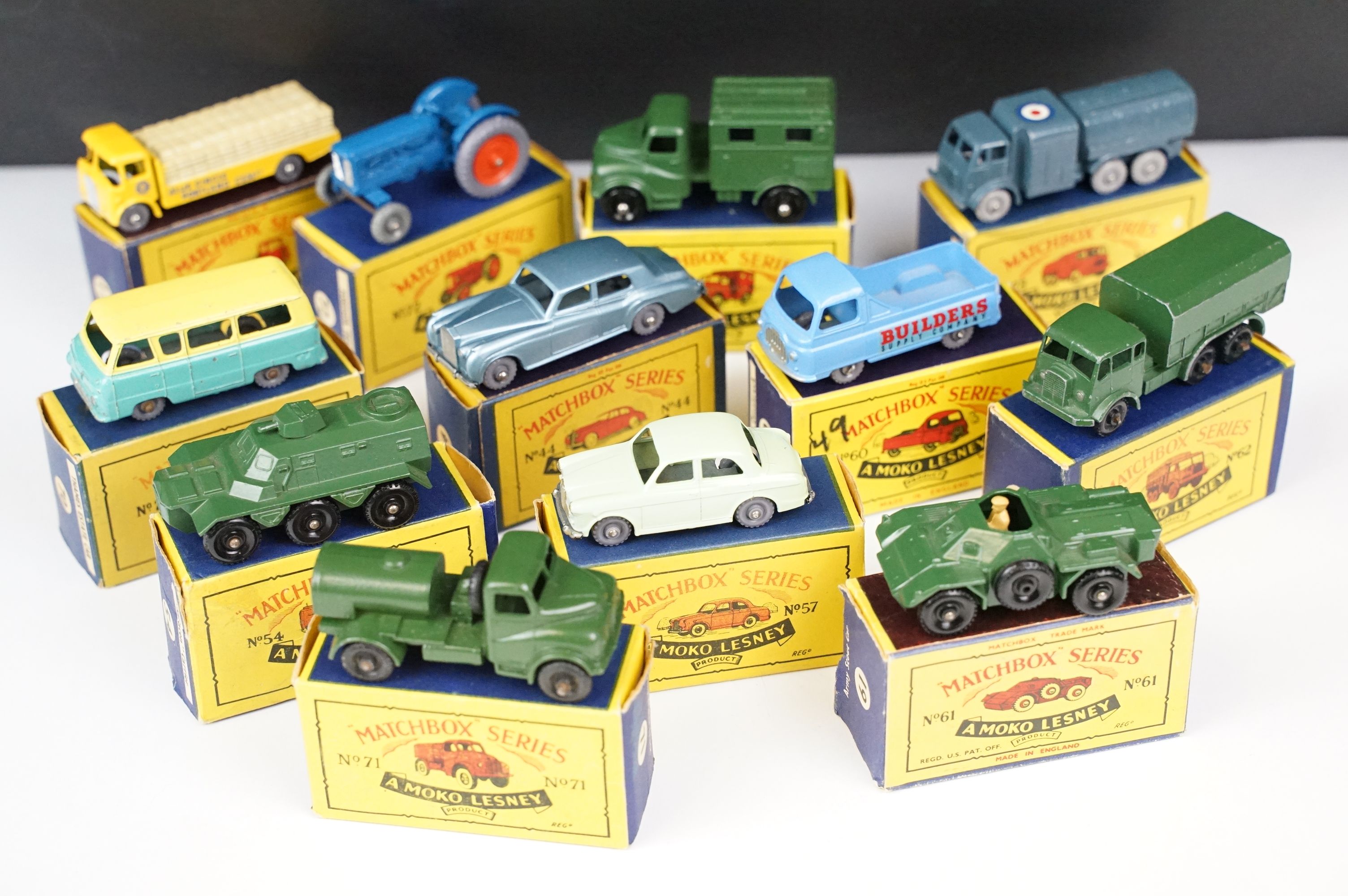 12 Boxed Matchbox Series Moko Lesney diecast models to include 71 Army Water Truck, 73 RAF