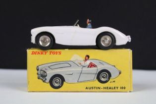 Boxed French Dinky 546 Austin Healey 100 diecast model in white with red interior, driver and