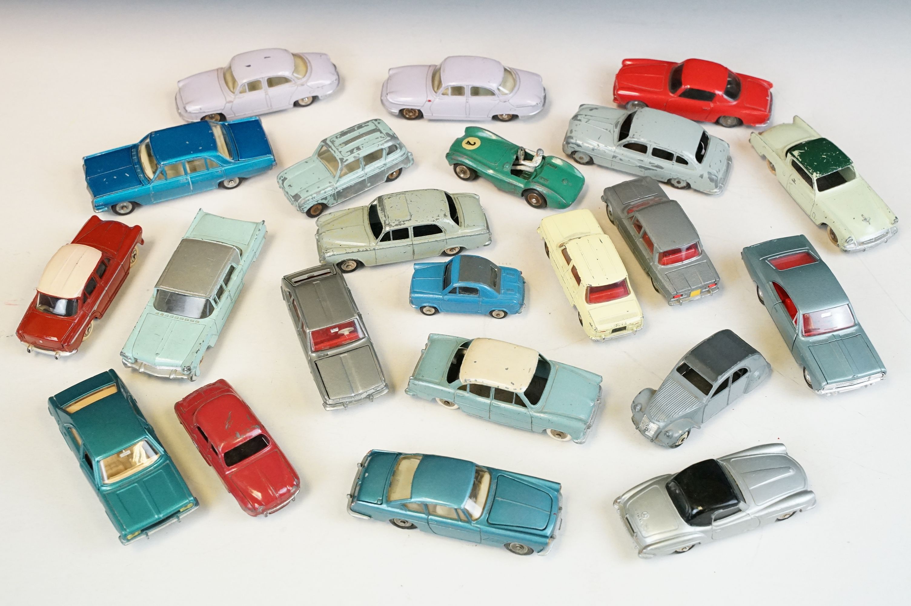 22 French Mid 20th C play worn Dinky diecast models to include Panhard PL17, 24J Coupe Alfa Romeo,