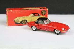 Boxed Tekno 927 Jaguar diecast model in red with black roof and white interior, diecast vg, box gd