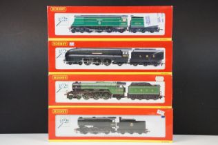 Four boxed Hornby OO gauge locomotives to include R2270 LMS 4-6-2 Coronation Class City of