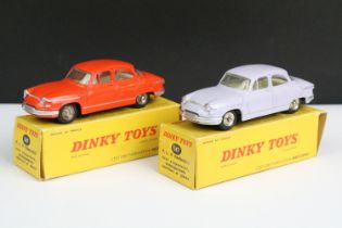 Two boxed French Dinky PL17 Panhard diecast models to include lilac and red variants, both diecast