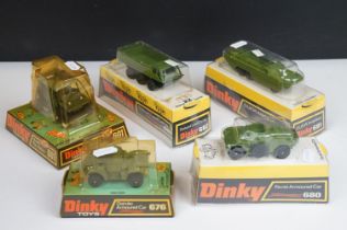 Five boxed Dinky military diecast models to include 601 Austin Para-Moke, 680 Ferret Armoured Car,
