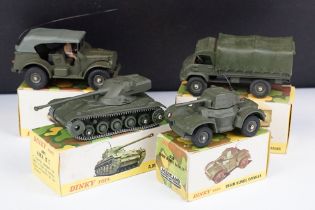 Four boxed French Dinky military diecast models to include 804 Mercedes Tous Terrains with camo