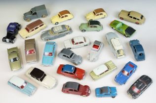 27 French Mid 20th C play worn Dinky diecast models to include Vespa 2CV, Citroen 11BL in black with