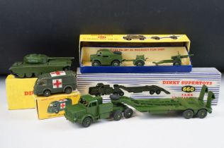 Four boxed Dinky military diecast models to include 697 25 Pounder Field Gun Set, 660 Tank