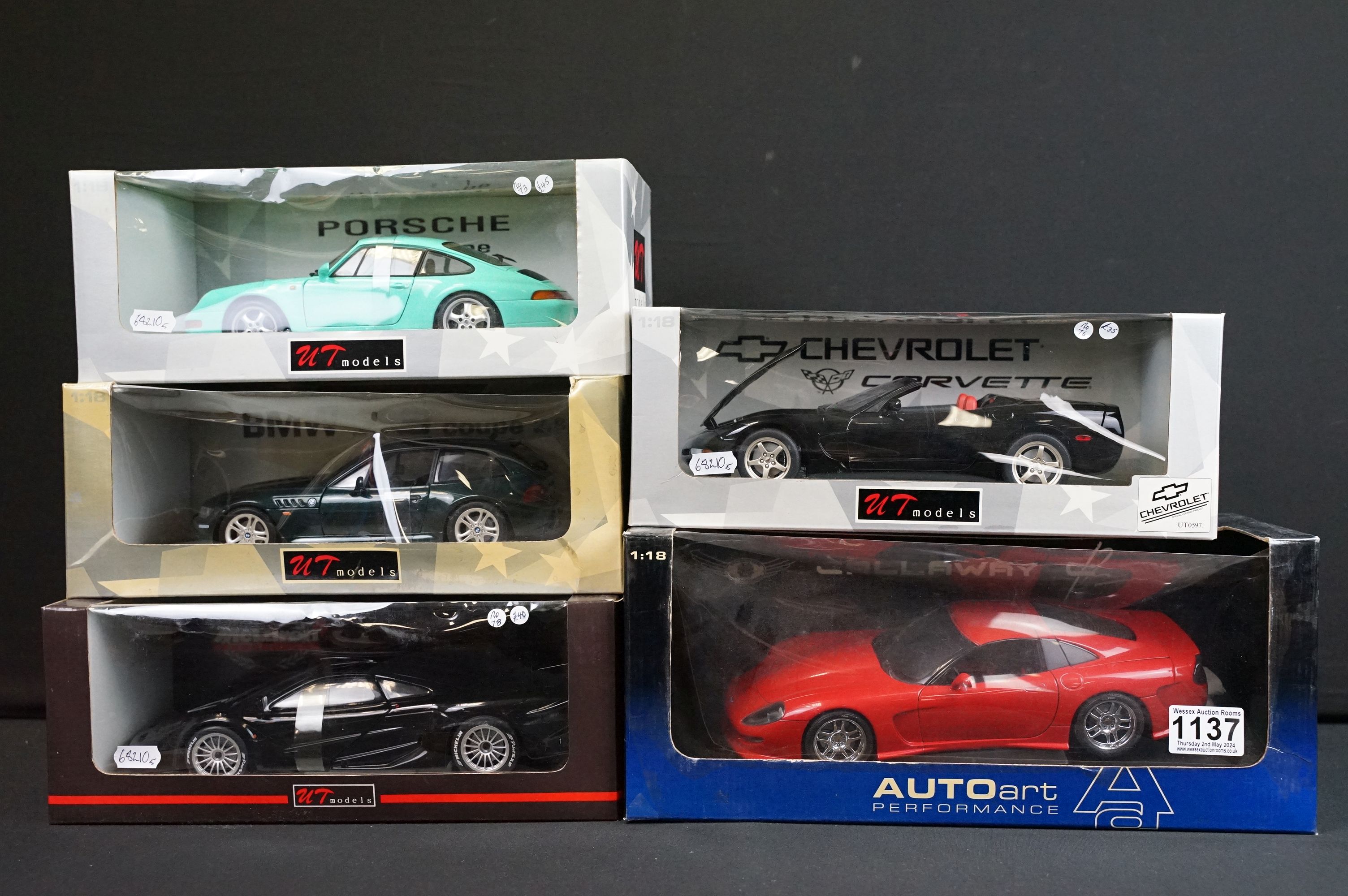 Five boxed 1/18 scale diecast models to include 4 x UT Models featuring Chevrolet Corvette,