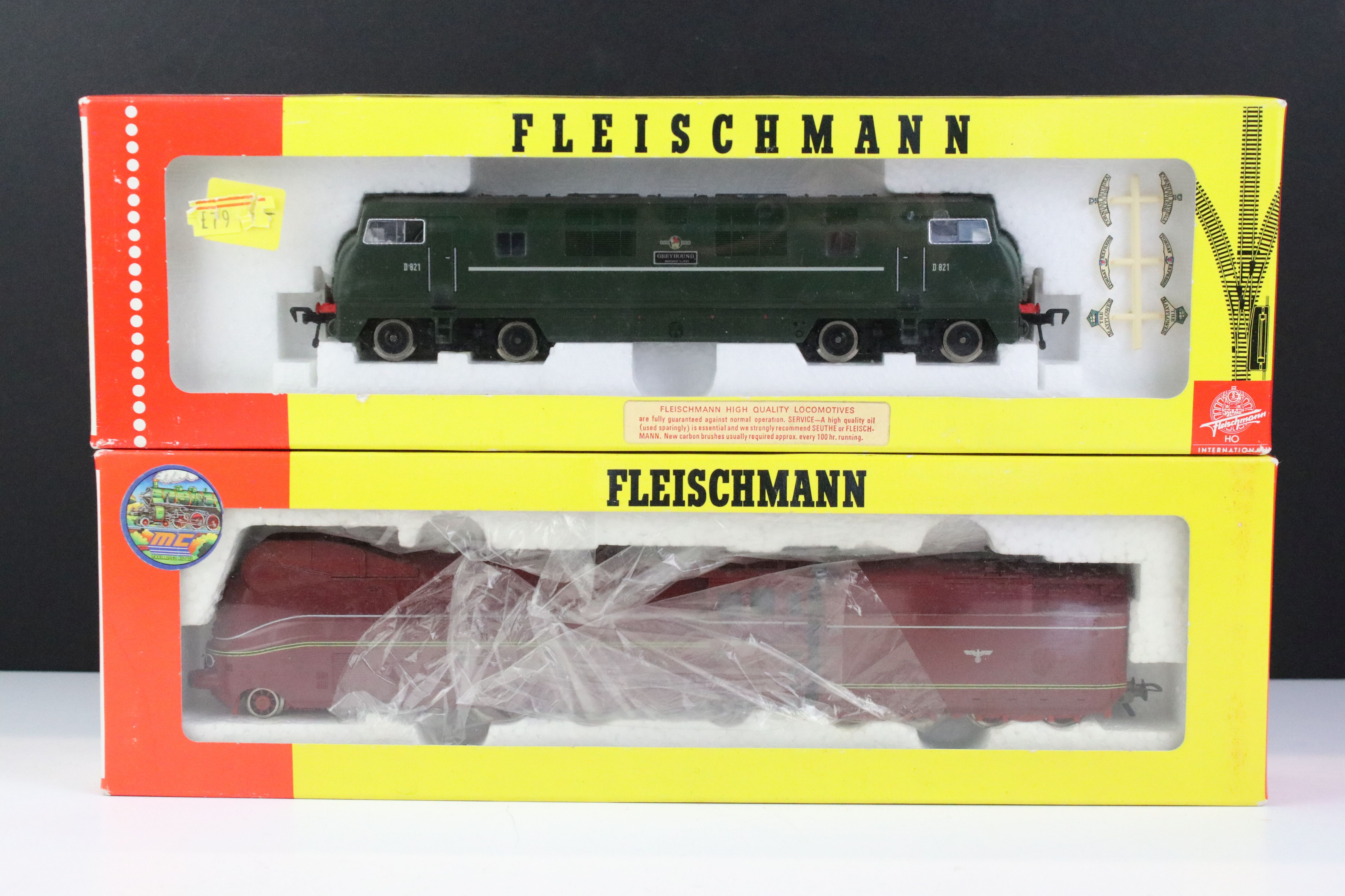 Two boxed Fleischmann HO gauge locomotives to include 4172 and 4246 Greyhound D821
