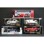 Five boxed classic car diecast models to include 3 x1/18 Burago models (Ferrari 250 GTO, Mercedes
