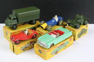 Five boxed Dinky diecast models to include 621 3-Ton Army Wagon, 108 MG Midget Sports in red with