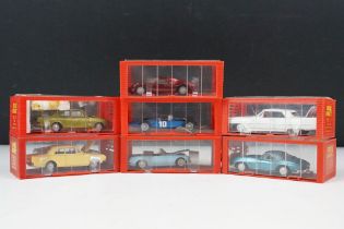 Seven cased / garage box Mini Dinky diecast models to include 19 MGB in pale blue, 20 Cadillac in