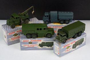 Four boxed Dinky Supertoys military models to include 661 Recover Tractor, 642 Pressure Refueller,