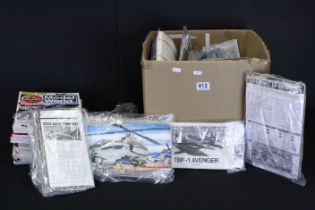 Large collection of unbuilt plastic model kits, all rebagged with instructions and often cut out box