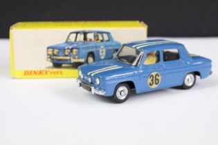 Boxed French Dinky 1414 Renault R8 Gordini diecast model in blue with two white racing stripes