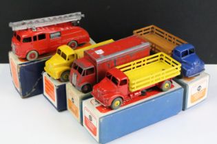 Five boxed Dinky diecast models to include 514 Guy Van with red cab, trailer and chassis with red