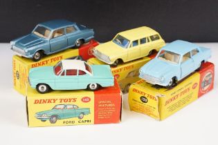Four boxed Dinky diecast models to include 2 x 139 Ford Consul Cortina, 1 x pale blue (tatty box)