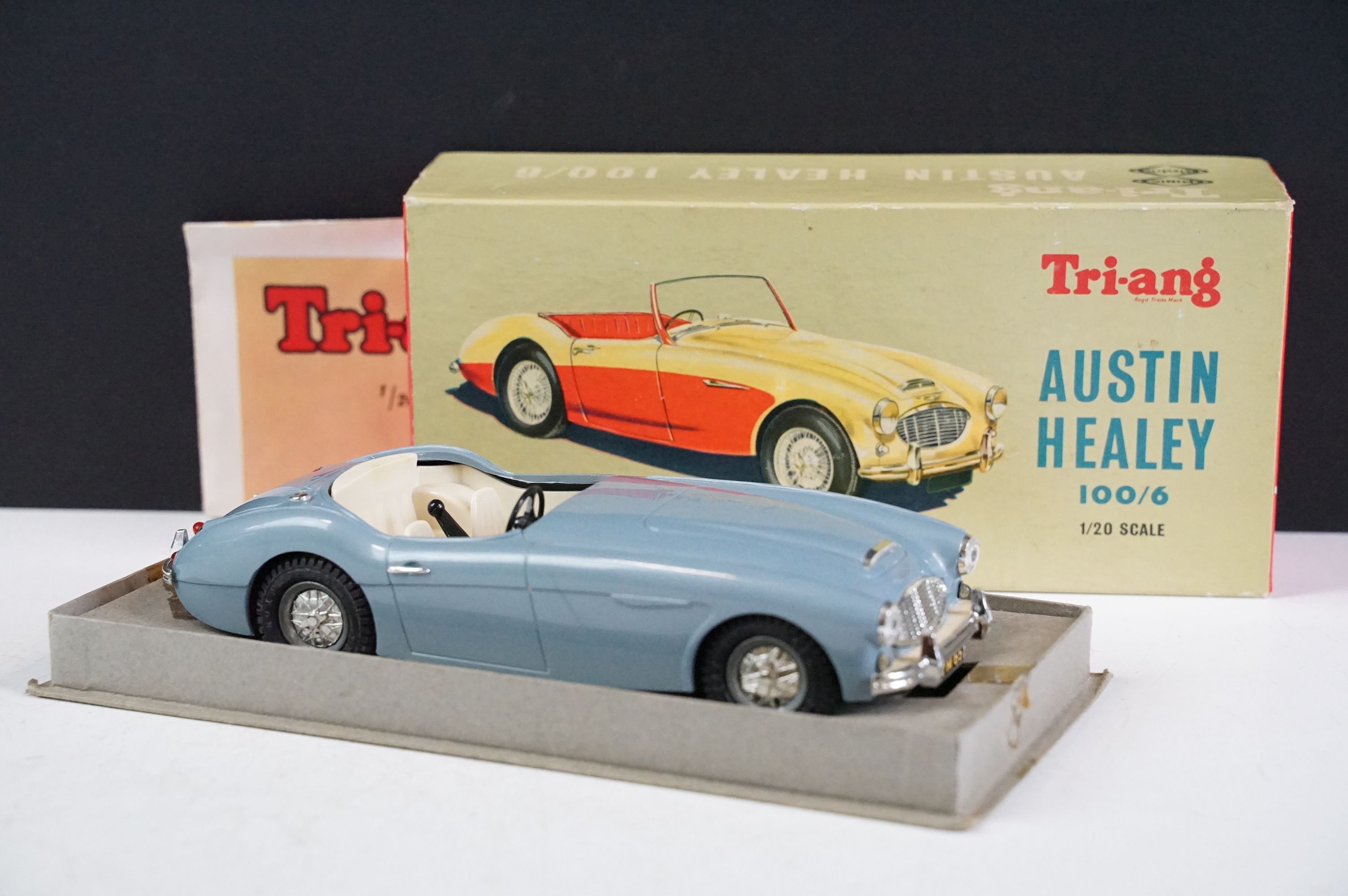 Boxed Triang Minic 1/20 Scale Electric Austin Healey 100/6 model in light blue with creamy white