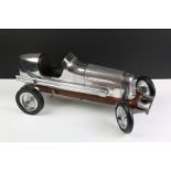 Mid to late 20th C scratch built metal and wooden model racing car, the body in aluminum with