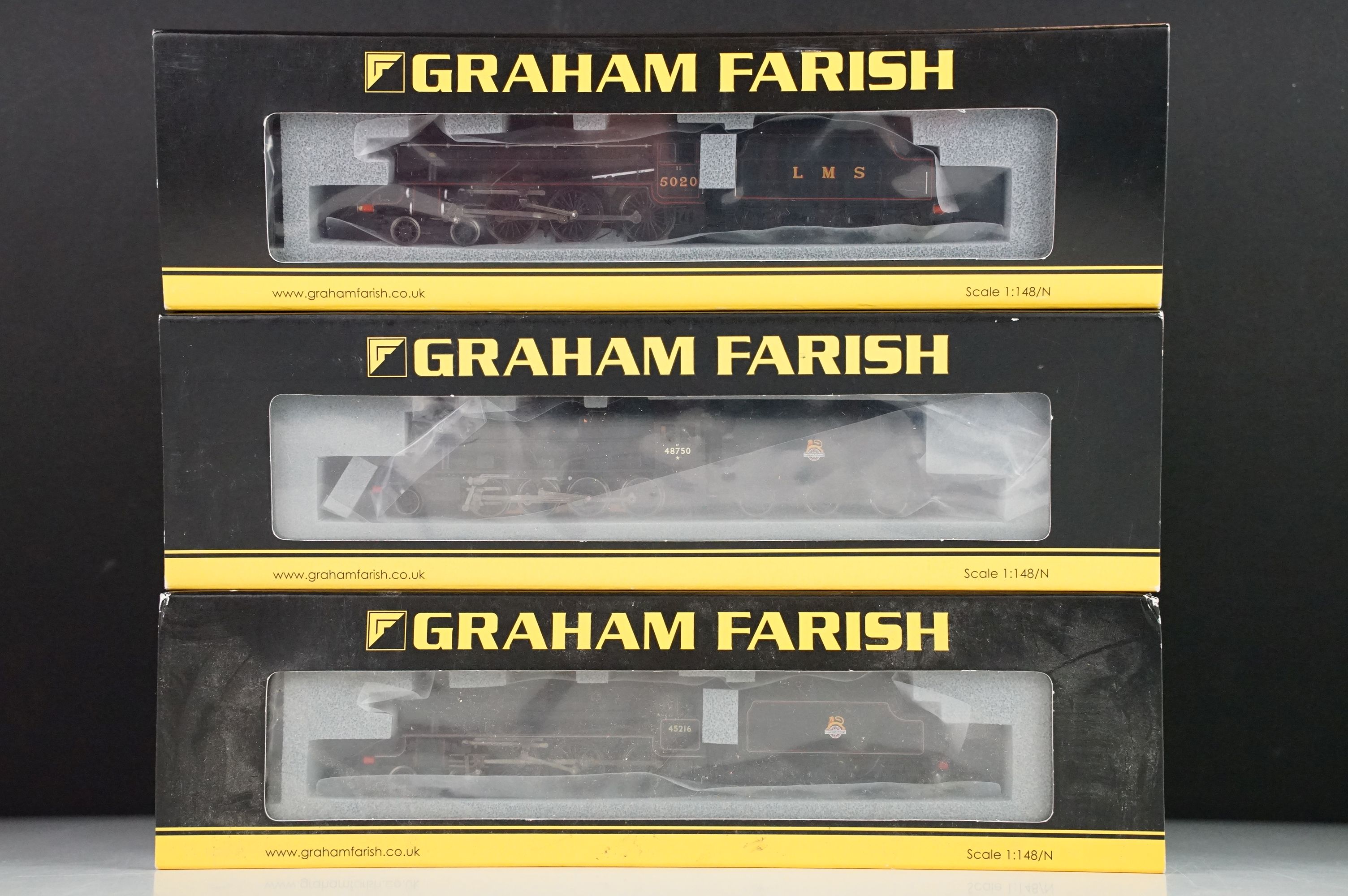 Three cased Graham Farish by Bachmann N gauge locomotives to include 372-135 Black 5 5020 LMS