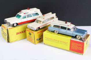 Three boxed Dinky diecast Ambulance models to include 277 Superior Criterion Ambulance (vg), 263